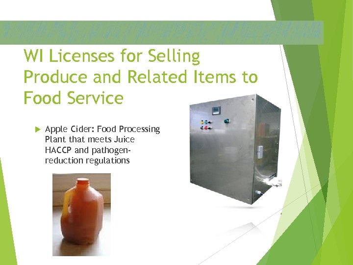 WI Licenses for Selling Produce and Related Items to Food Service Apple Cider: Food