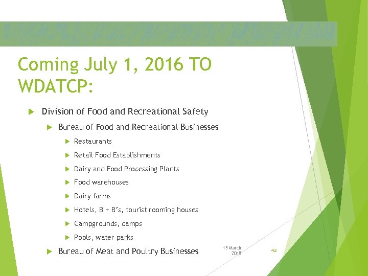 Coming July 1, 2016 TO WDATCP: Division of Food and Recreational Safety Bureau of