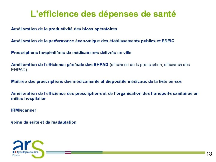 L’efficience des dépenses de santé Amélioration de la productivité des blocs opératoires Amélioration de