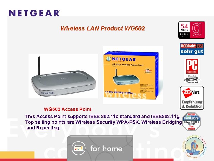 Wireless LAN Product WG 602 WG 602 Access Point This Access Point supports IEEE