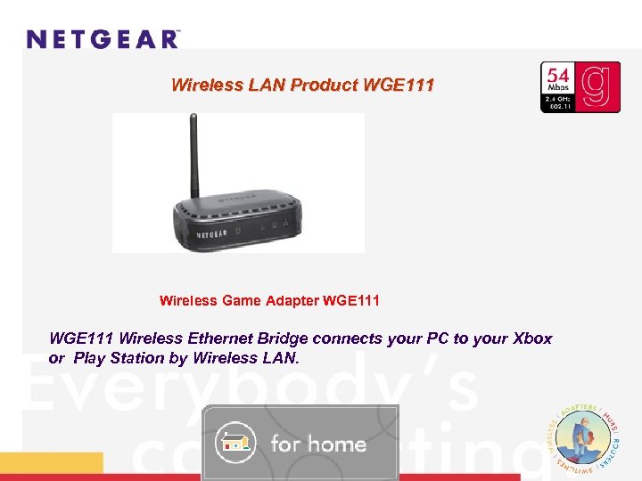 Wireless LAN Product WGE 111 Wireless Game Adapter WGE 111 Wireless Ethernet Bridge connects