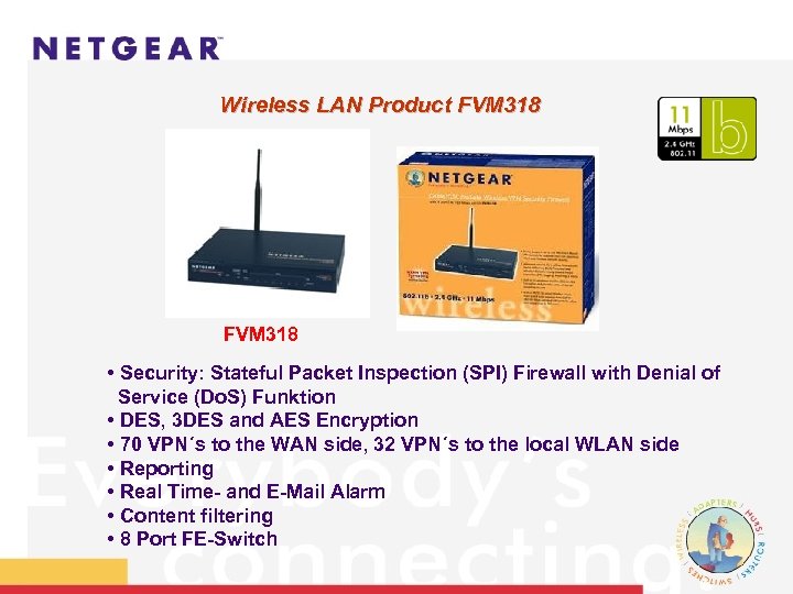 Wireless LAN Product FVM 318 • Security: Stateful Packet Inspection (SPI) Firewall with Denial