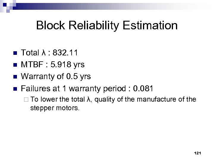 Block Reliability Estimation n n Total λ : 832. 11 MTBF : 5. 918