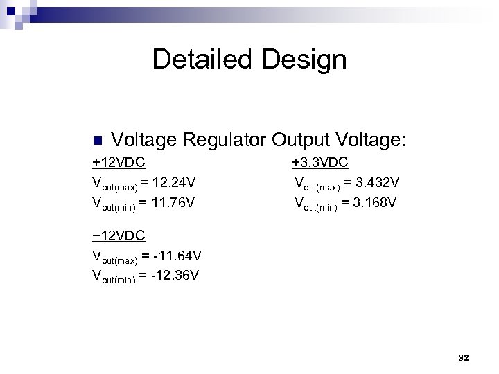 Detailed Design n Voltage Regulator Output Voltage: +12 VDC Vout(max) = 12. 24 V