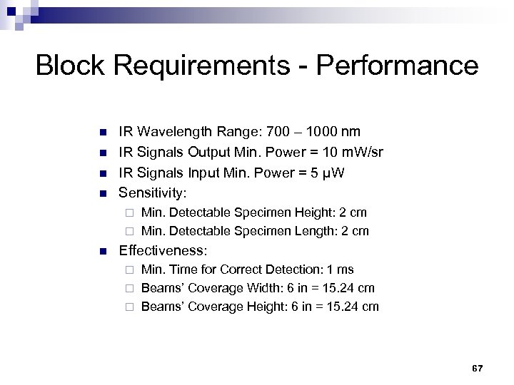 Block Requirements - Performance n n IR Wavelength Range: 700 – 1000 nm IR