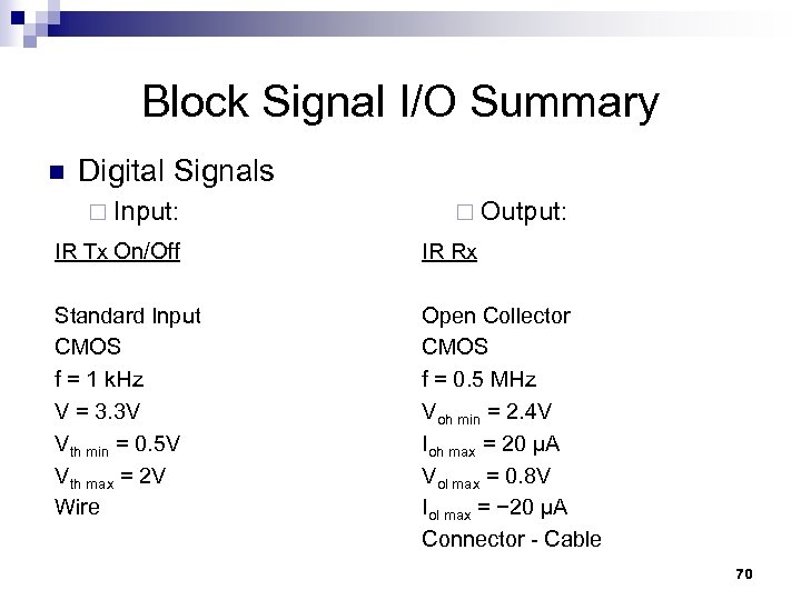 Block Signal I/O Summary n Digital Signals ¨ Input: ¨ Output: IR Tx On/Off