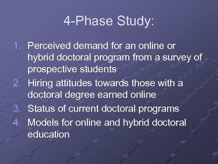 4 -Phase Study: 1. Perceived demand for an online or hybrid doctoral program from