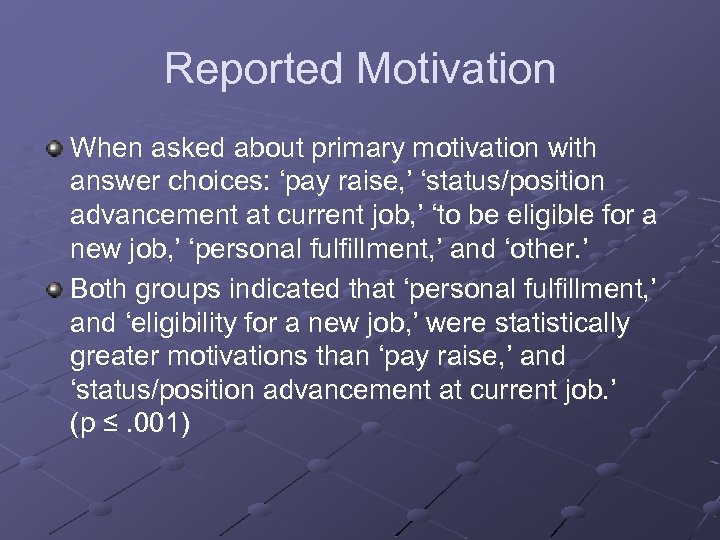 Reported Motivation When asked about primary motivation with answer choices: ‘pay raise, ’ ‘status/position