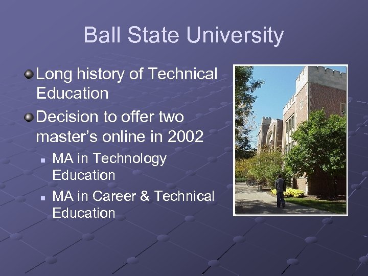 Ball State University Long history of Technical Education Decision to offer two master’s online