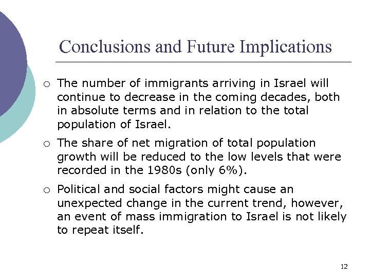 Conclusions and Future Implications ¡ The number of immigrants arriving in Israel will continue