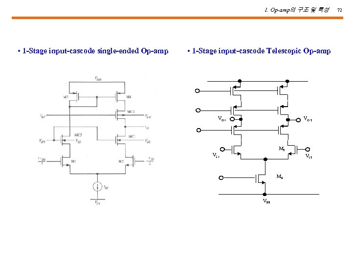 1. Op-amp의 구조 및 특성 • 1 -Stage input-cascode single-ended Op-amp • 1 -Stage