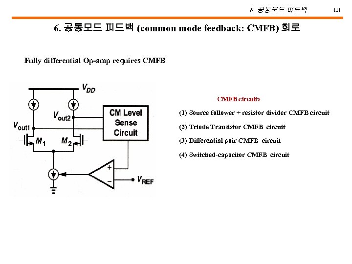 6. 공통모드 피드백 (common mode feedback: CMFB) 회로 Fully differential Op-amp requires CMFB circuits