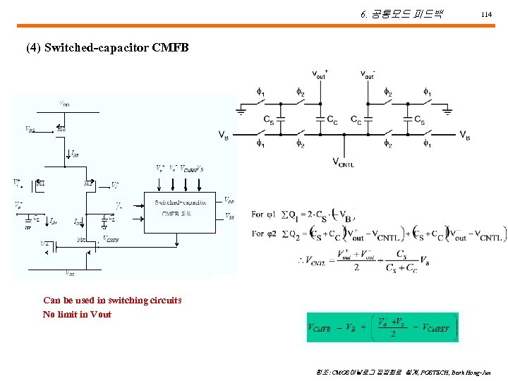 6. 공통모드 피드백 114 (4) Switched-capacitor CMFB Can be used in switching circuits No