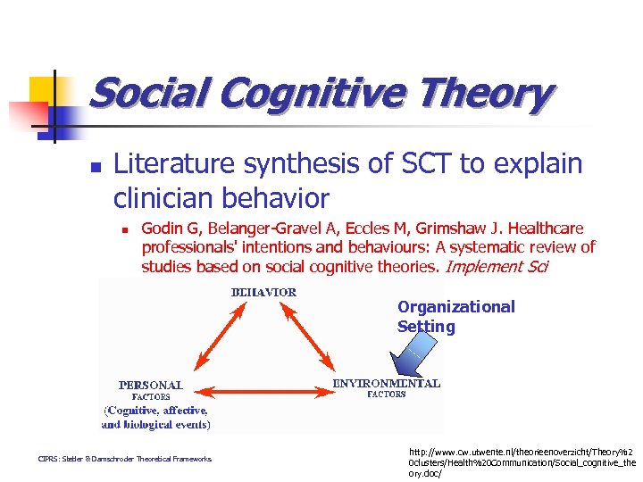 Social Cognitive Theory n Literature synthesis of SCT to explain clinician behavior n Godin