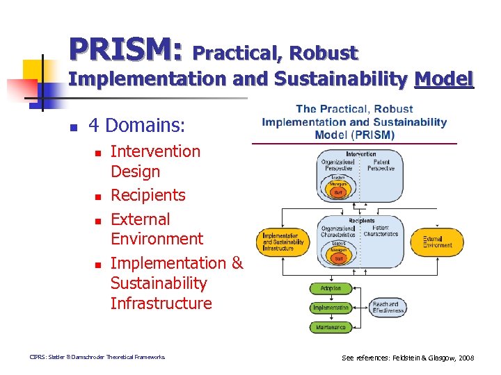 PRISM: Practical, Robust Implementation and Sustainability Model n 4 Domains: n n Intervention Design