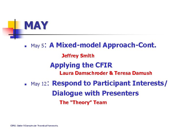 MAY n May 5 : A Mixed-model Approach-Cont. Jeffrey Smith Applying the CFIR Laura