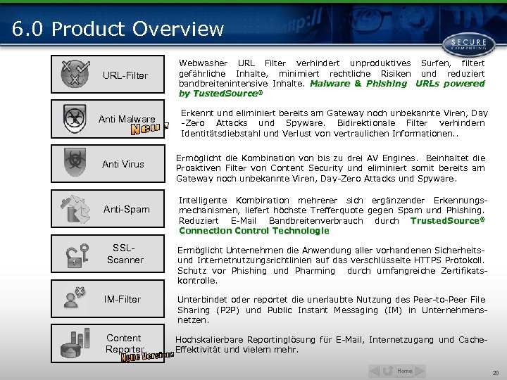 6. 0 Product Overview URL-Filter Webwasher URL Filter verhindert unproduktives Surfen, filtert gefährliche Inhalte,