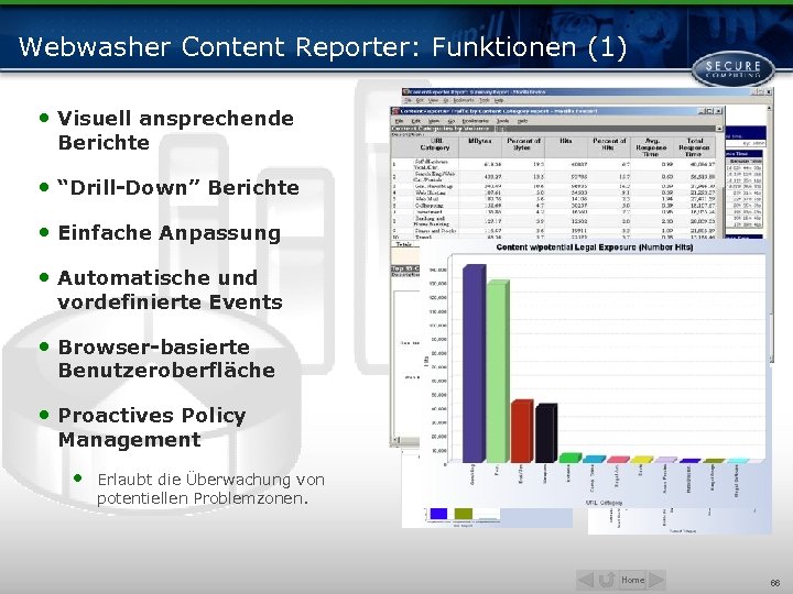 Webwasher Content Reporter: Funktionen (1) • Visuell ansprechende Berichte • “Drill-Down” Berichte • Einfache