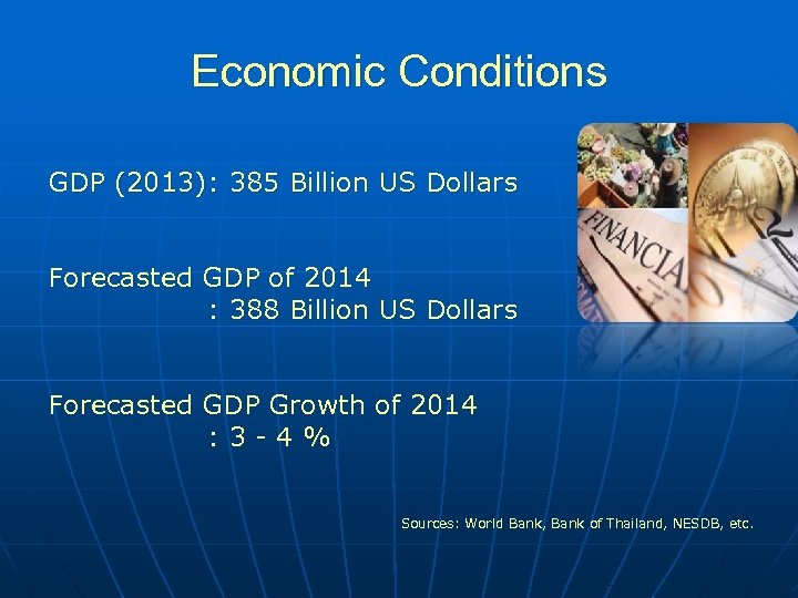 Economic Conditions GDP (2013) : 385 Billion US Dollars Forecasted GDP of 2014 :