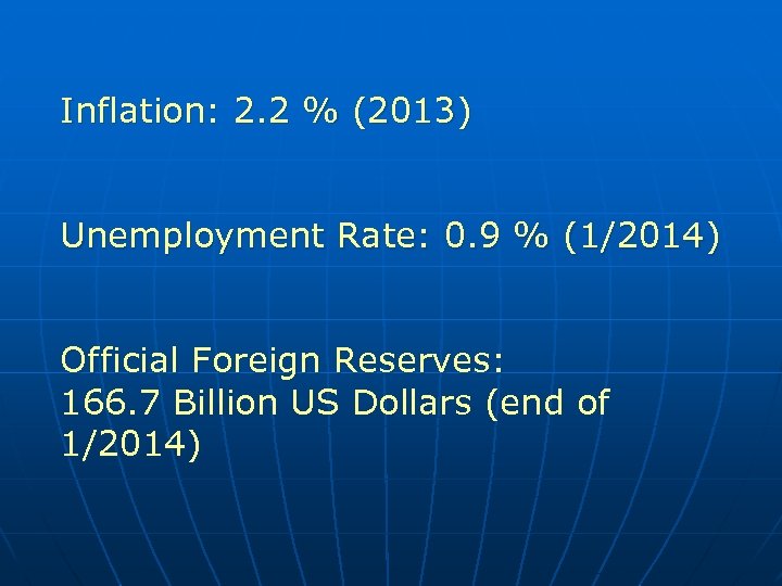 Inflation: 2. 2 % (2013) Unemployment Rate: 0. 9 % (1/2014) Official Foreign Reserves: