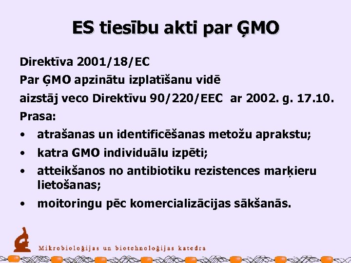 ES tiesību akti par ĢMO Direktīva 2001/18/EC Par ĢMO apzinātu izplatīšanu vidē aizstāj veco