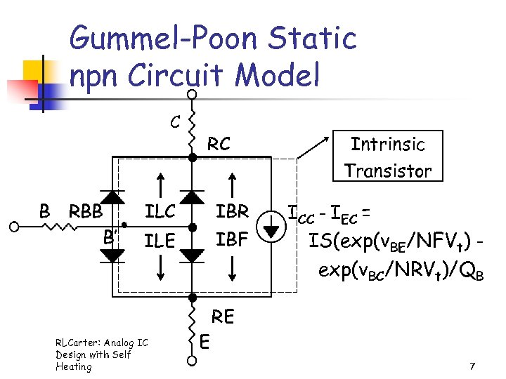 Gummel-Poon Static npn Circuit Model C B RBB B’ RC ILC IBR ILE IBF