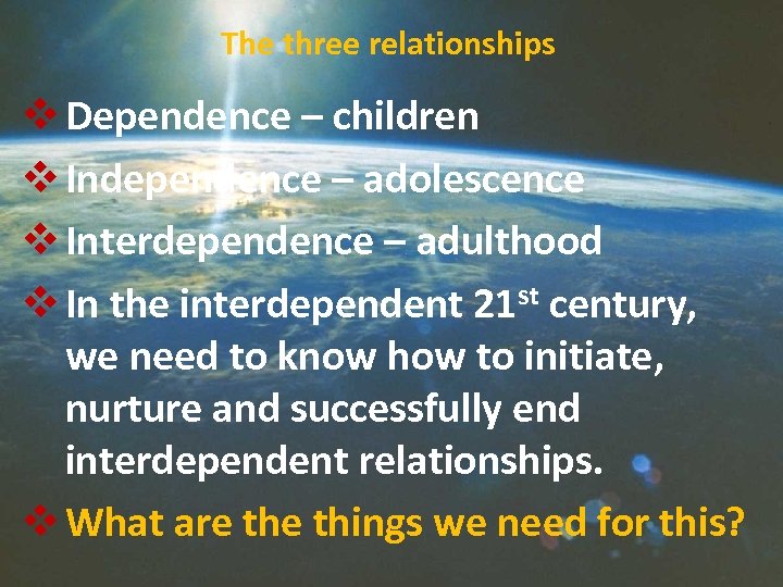 The three relationships v Dependence – children v Independence – adolescence v Interdependence –