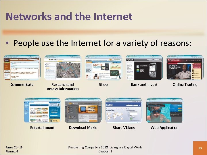 Networks and the Internet • People use the Internet for a variety of reasons: