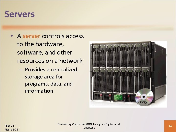 Servers • A server controls access to the hardware, software, and other resources on