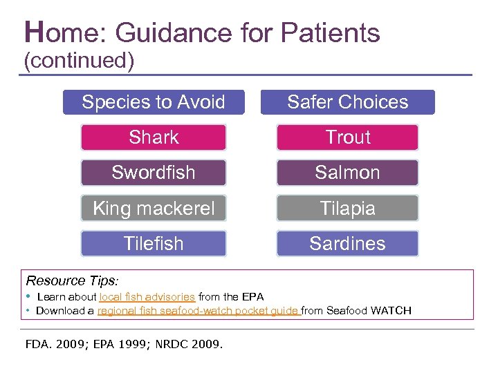 Home: Guidance for Patients (continued) Species to Avoid Safer Choices Shark Trout Swordfish Salmon