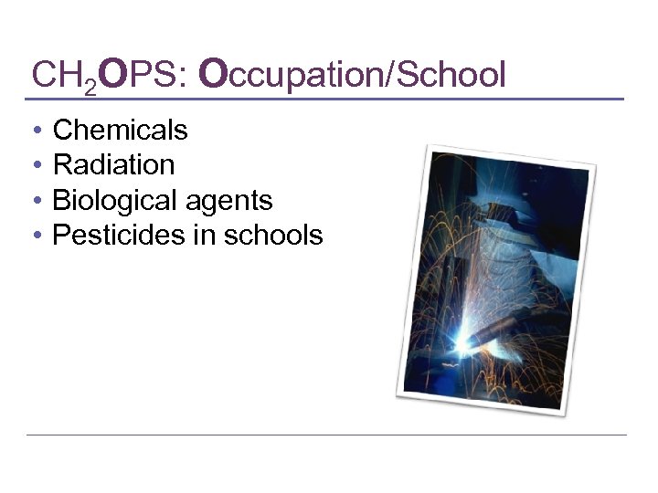 CH 2 OPS: Occupation/School • • Chemicals Radiation Biological agents Pesticides in schools 