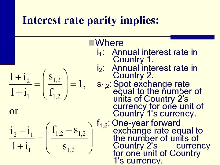Interest rate parity implies: n. Where i 1: Annual interest rate in Country 1.