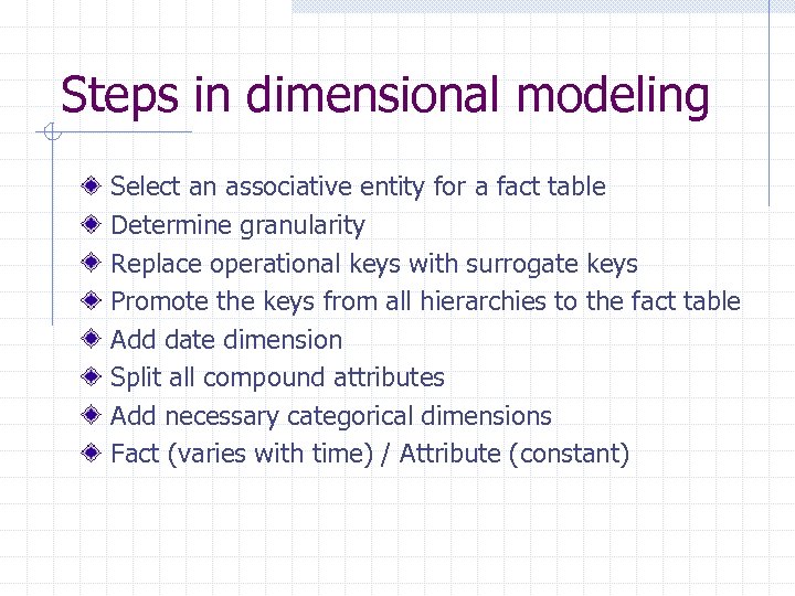 Steps in dimensional modeling Select an associative entity for a fact table Determine granularity