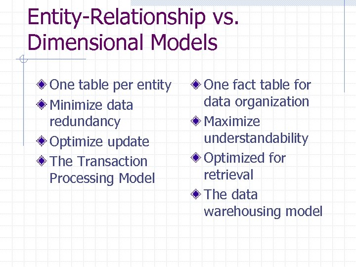 Entity-Relationship vs. Dimensional Models One table per entity Minimize data redundancy Optimize update The