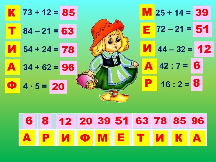К 73 + 12 = 85 М 25 + 14 = 39 Т 84