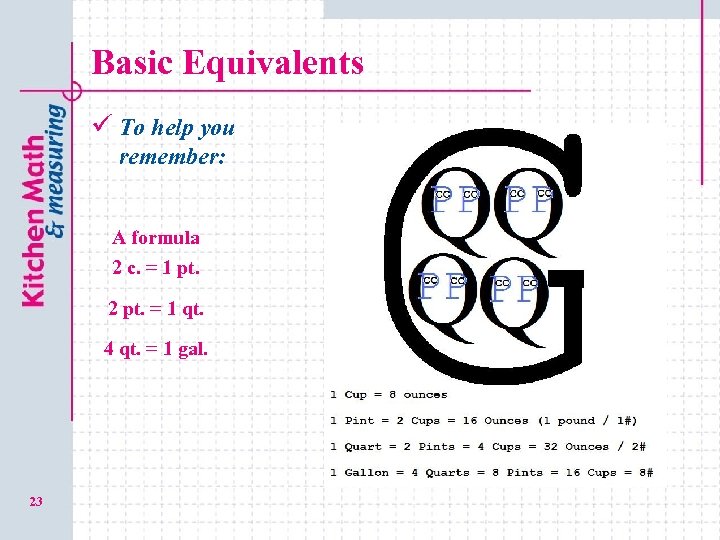 Basic Equivalents ü To help you remember: A formula 2 c. = 1 pt.