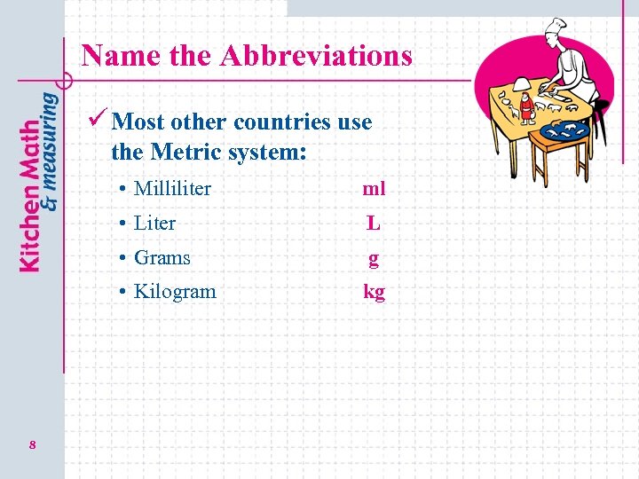 Name the Abbreviations ü Most other countries use the Metric system: • Milliliter •