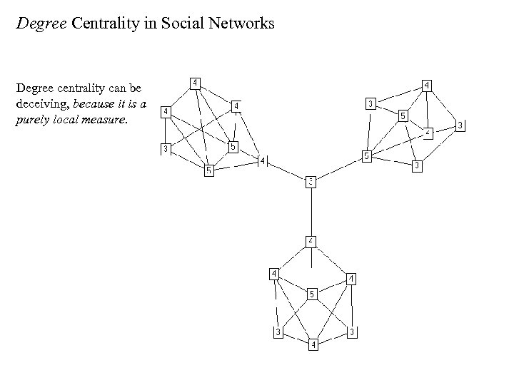 Degree Centrality in Social Networks Degree centrality can be deceiving, because it is a