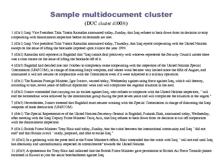 Sample multidocument cluster (DUC cluster d 1003 t) 1 (d 1 s 1) Iraqi