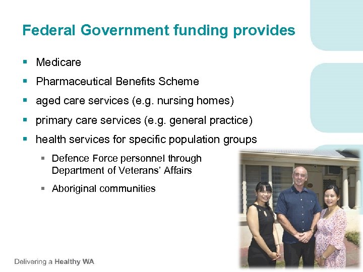 Federal Government funding provides § Medicare § Pharmaceutical Benefits Scheme § aged care services