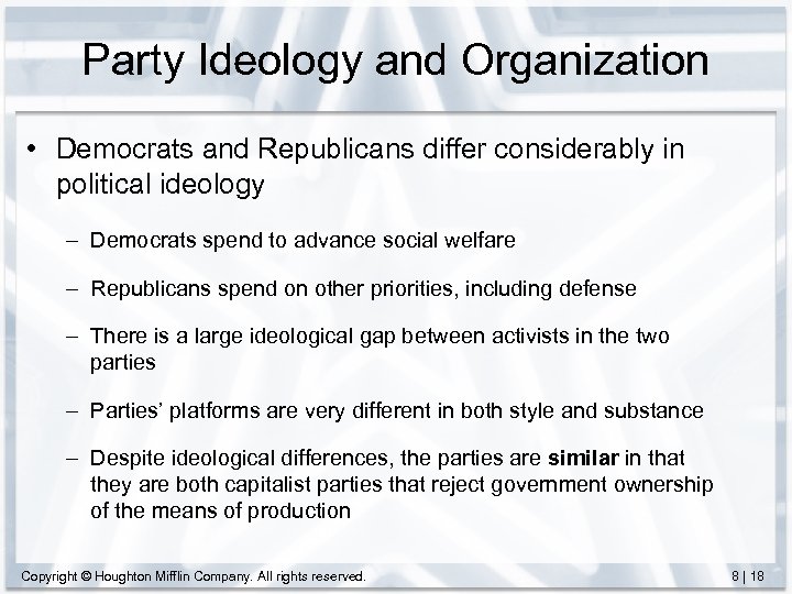 Party Ideology and Organization • Democrats and Republicans differ considerably in political ideology –