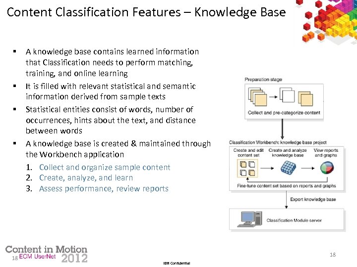 Content Classification Features – Knowledge Base § § 18 A knowledge base contains learned