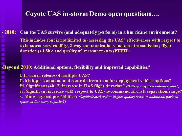 Coyote UAS in-storm Demo open questions…. • 2010: Can the UAS survive (and adequately