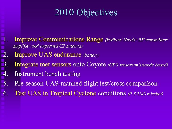 2010 Objectives 1. Improve Communications Range (Iridium/ Nav. Air RF transmitter/ amplifier and improved