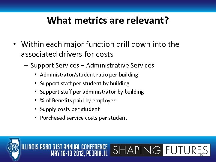 What metrics are relevant? • Within each major function drill down into the associated