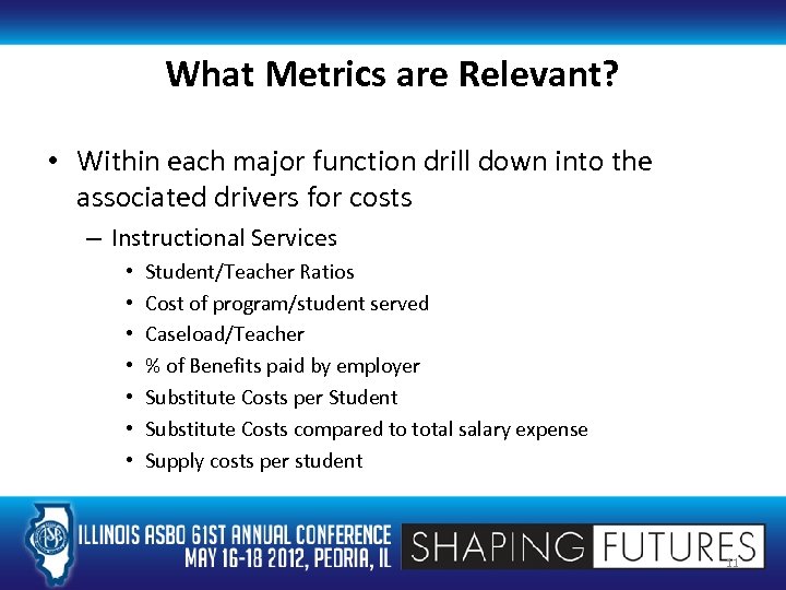 What Metrics are Relevant? • Within each major function drill down into the associated