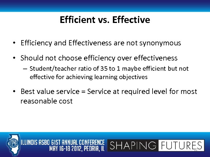 Efficient vs. Effective • Efficiency and Effectiveness are not synonymous • Should not choose