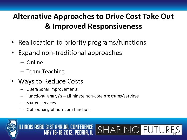 Alternative Approaches to Drive Cost Take Out & Improved Responsiveness • Reallocation to priority