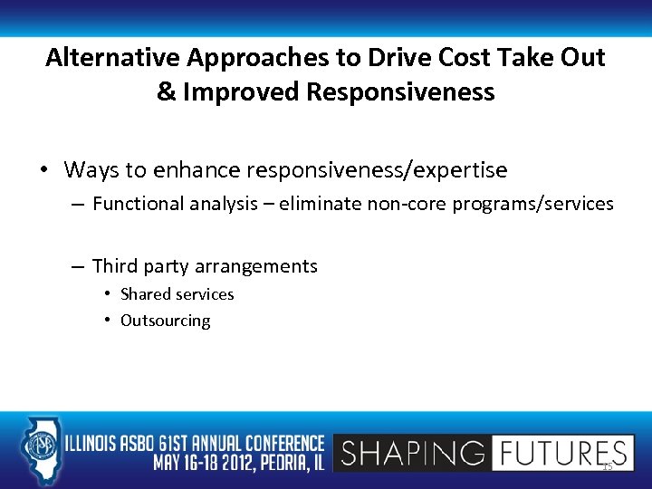 Alternative Approaches to Drive Cost Take Out & Improved Responsiveness • Ways to enhance