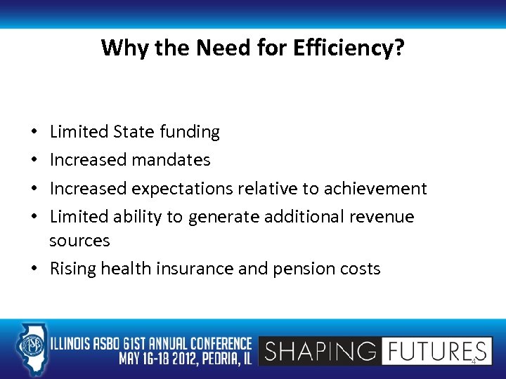 Why the Need for Efficiency? Limited State funding Increased mandates Increased expectations relative to